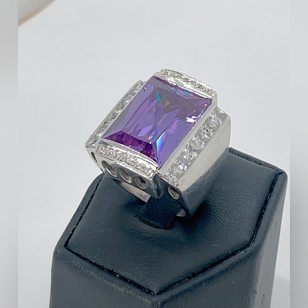 Vtg Lauren G Adams Sterling Emerald Cut Purple & White Cz Cocktail Ring Sz 5